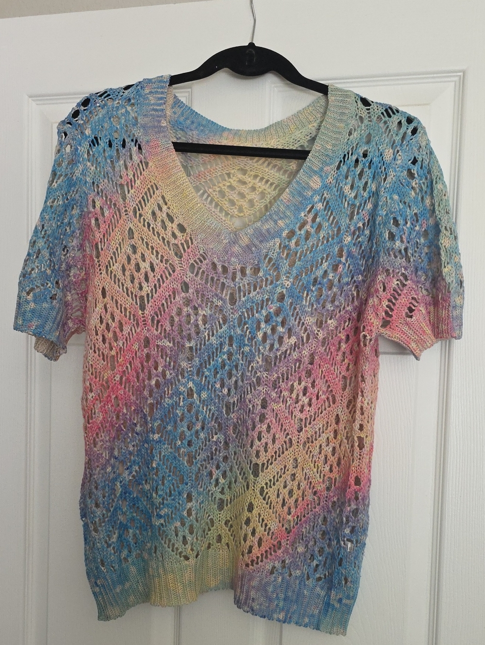 Pastel Rainbow Open-Knit V-Neck Sweater Top